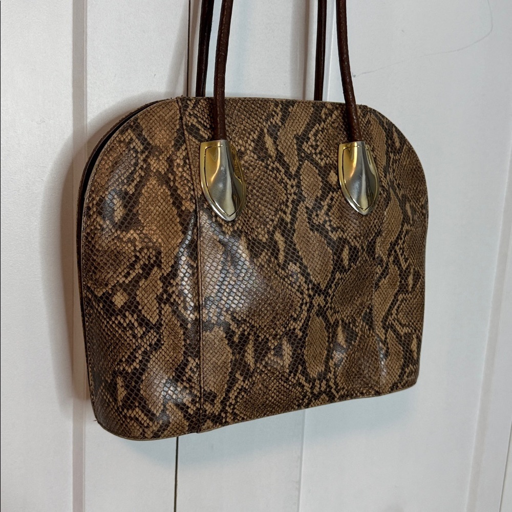Vintage Due Fratelli Brown Python Snake Print Leather Bag Made in Canada - Picture 3 of 6